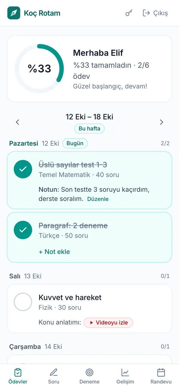 Öğrenci ödev ekranı: %33 tamamlandı, Pazartesi ve Salı ödevleri
